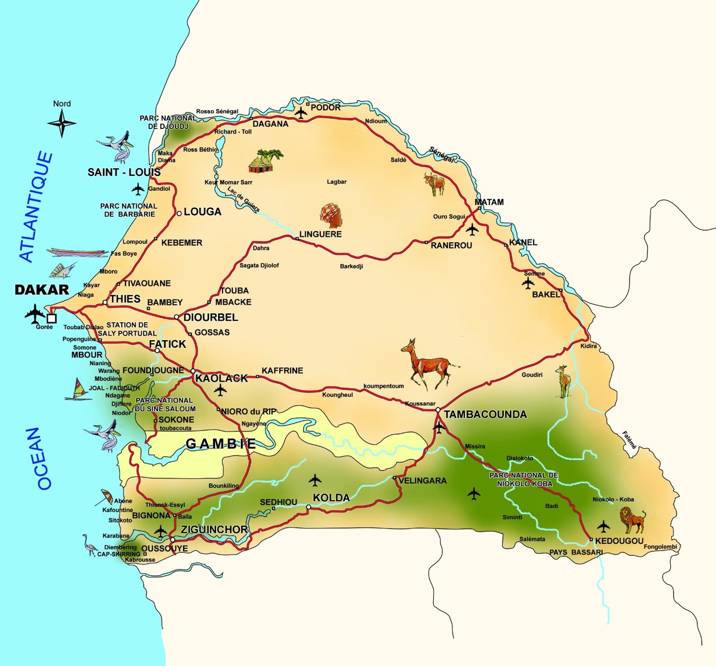 Carte touristique du Sénégal — parcs nationaux, villes et circuits Origin'Africa